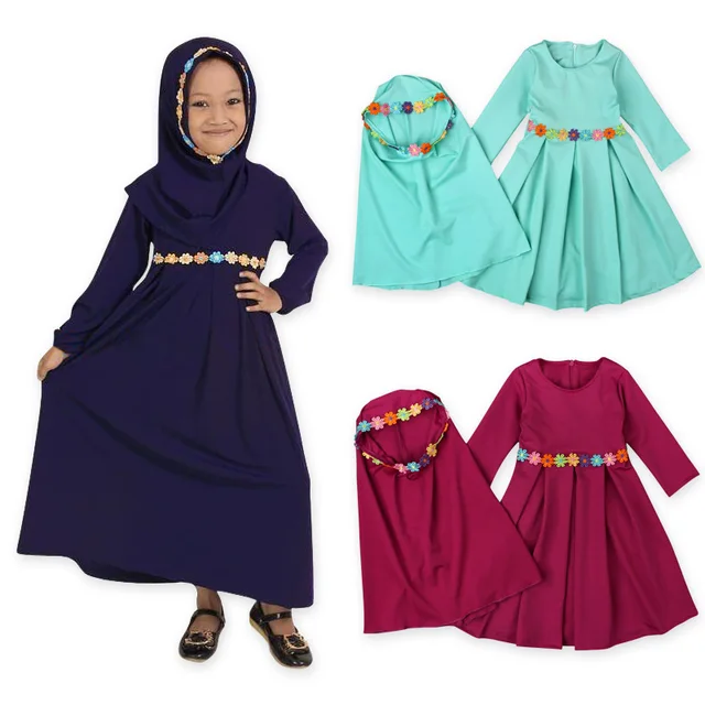 Traditional Flower Muslim Girls Dress Islamic Dress Long + Hijab