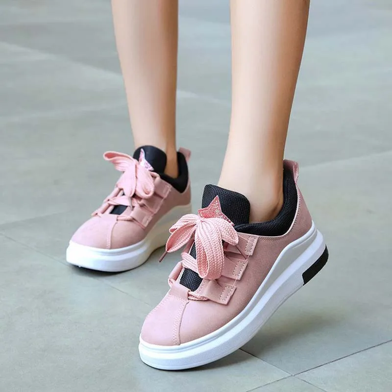 

2019 New Women Spring Lace-Up PU Sports Shoes Ladies Med Heels Solid Casual Fashion Shoes Size 36-42 6O0342