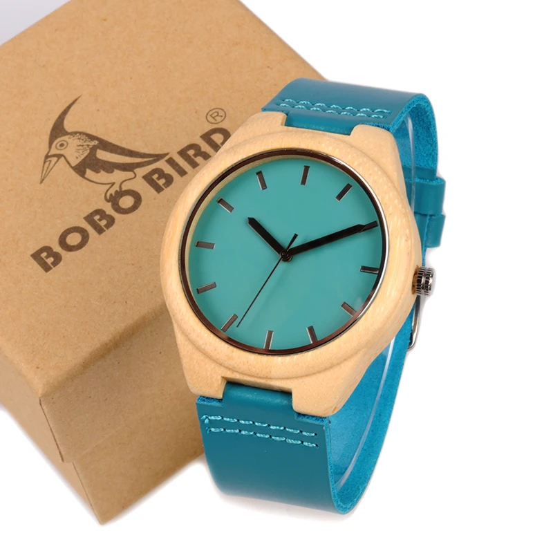 BOBO BIRD WF20 Bamboo Wooden Watches Hot Blue Leather Band Ebony Pine Wood Case Quartz Watch for Men Women