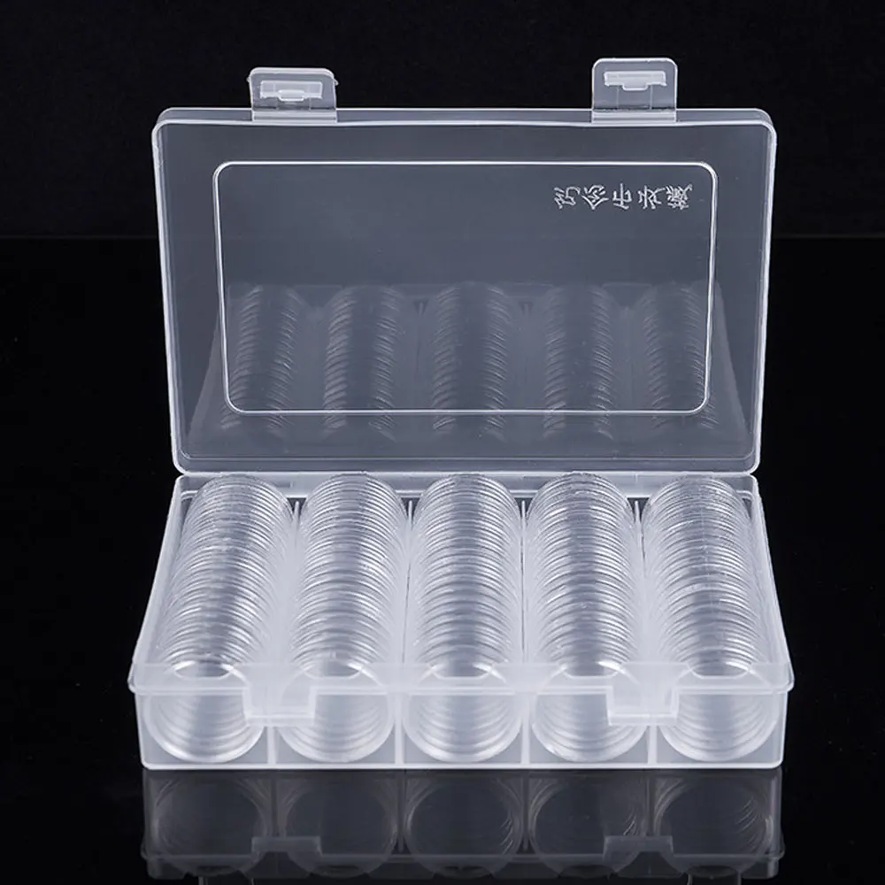 100pcs/lot Coin Capsules Round Plastic Coin Holder Box Case Container With Storage Organizer Box for Coin Collection Supplies