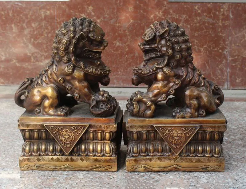 

Crafts statue old Chinese Fengshui Bronze Guardian Evil Beast Foo Fu Dog Door Lion Statue Pair halloween