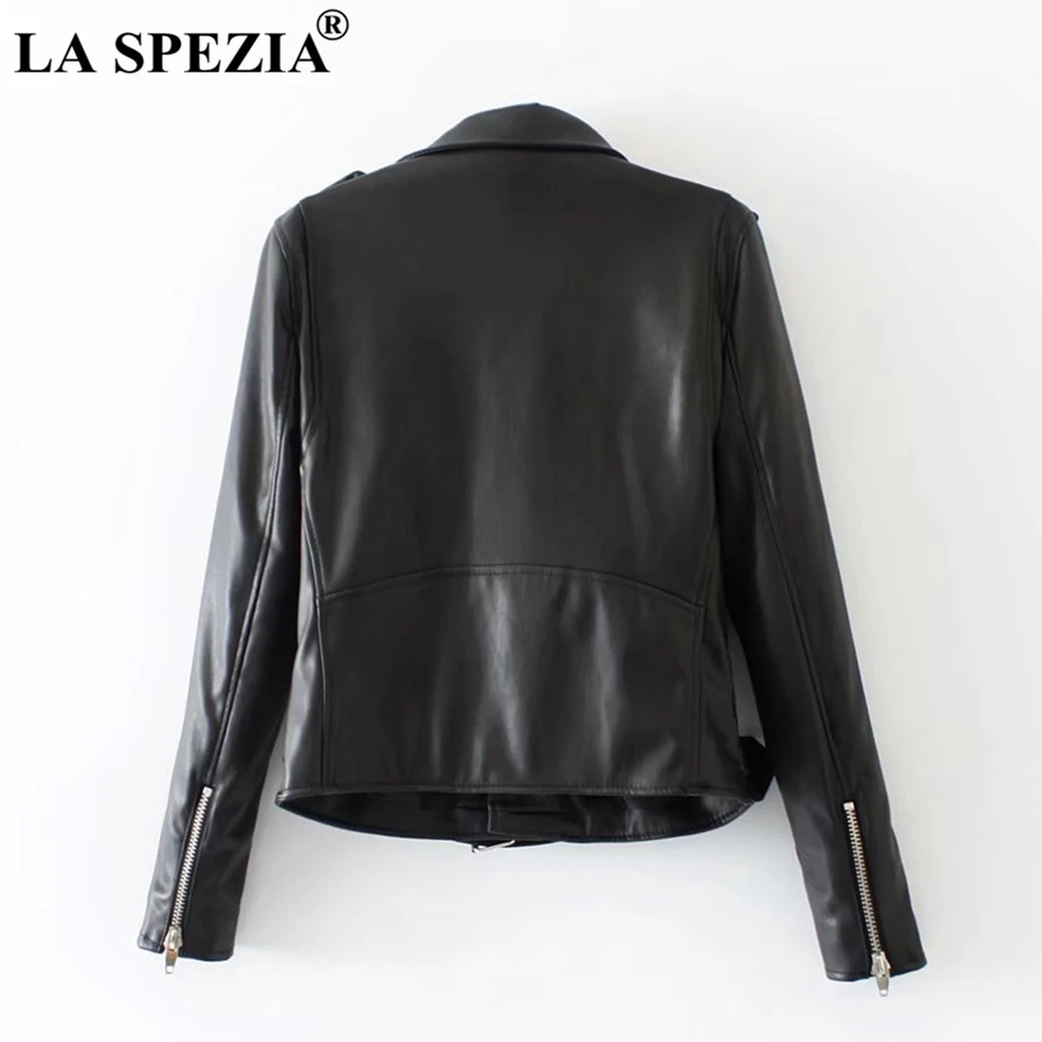 LA SPEZIA Motorcycle Jacket Women Black Leather Coats Female Biker Belt Zipper Pockets Punk Autumn Winter Classic Jackets 2019