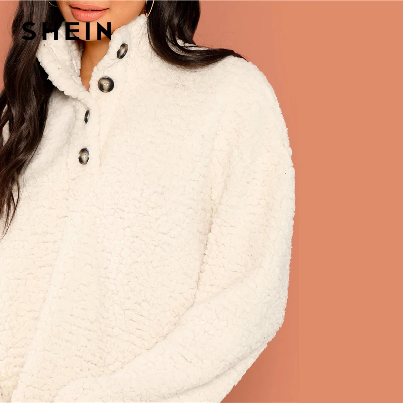 SHEIN White Casual Solid Button Front Half Placket Teddy High Neck Sweatshirt 2018 Autumn Going Out