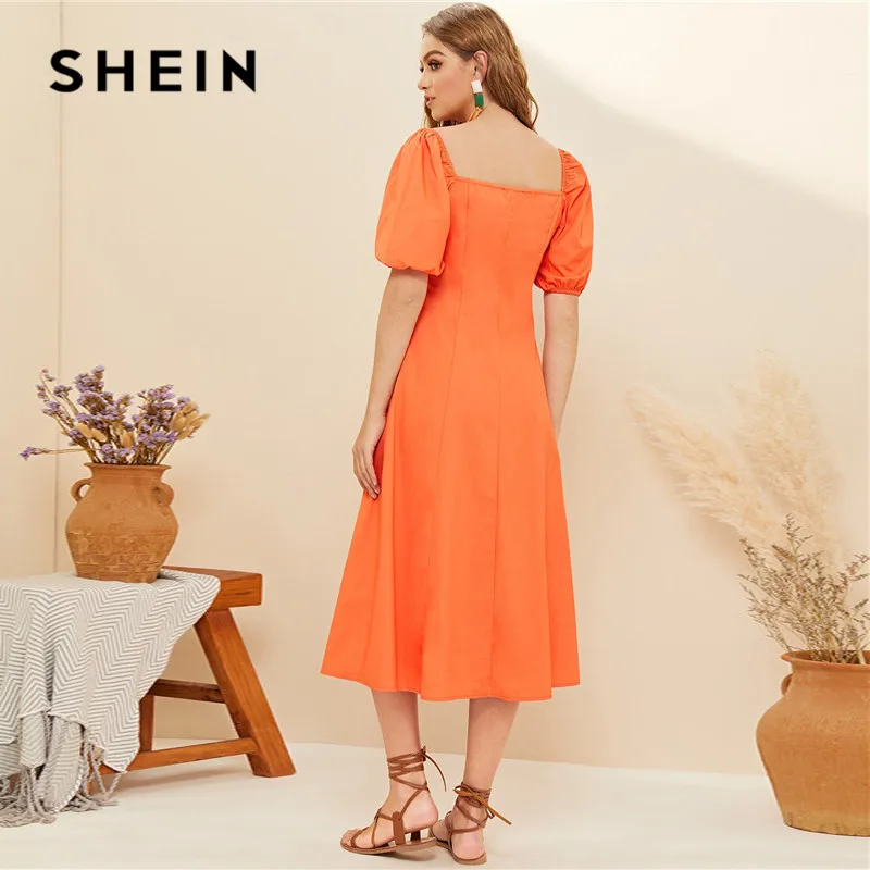 SHEIN оранжевое однобортное платье миди с рукавами-фонариками, женское богемное милое однотонное летнее платье с квадратным вырезом, хлопковое длинное платье