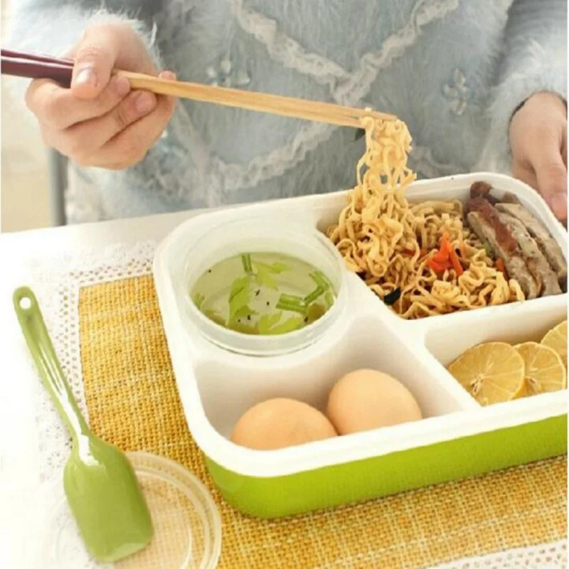 

PP Plastic Three Grid +1 Soup Bowl With Spoon Microwave Heating Sealed Lunch Box Rose Red Green Food Carrier Box Leakproof