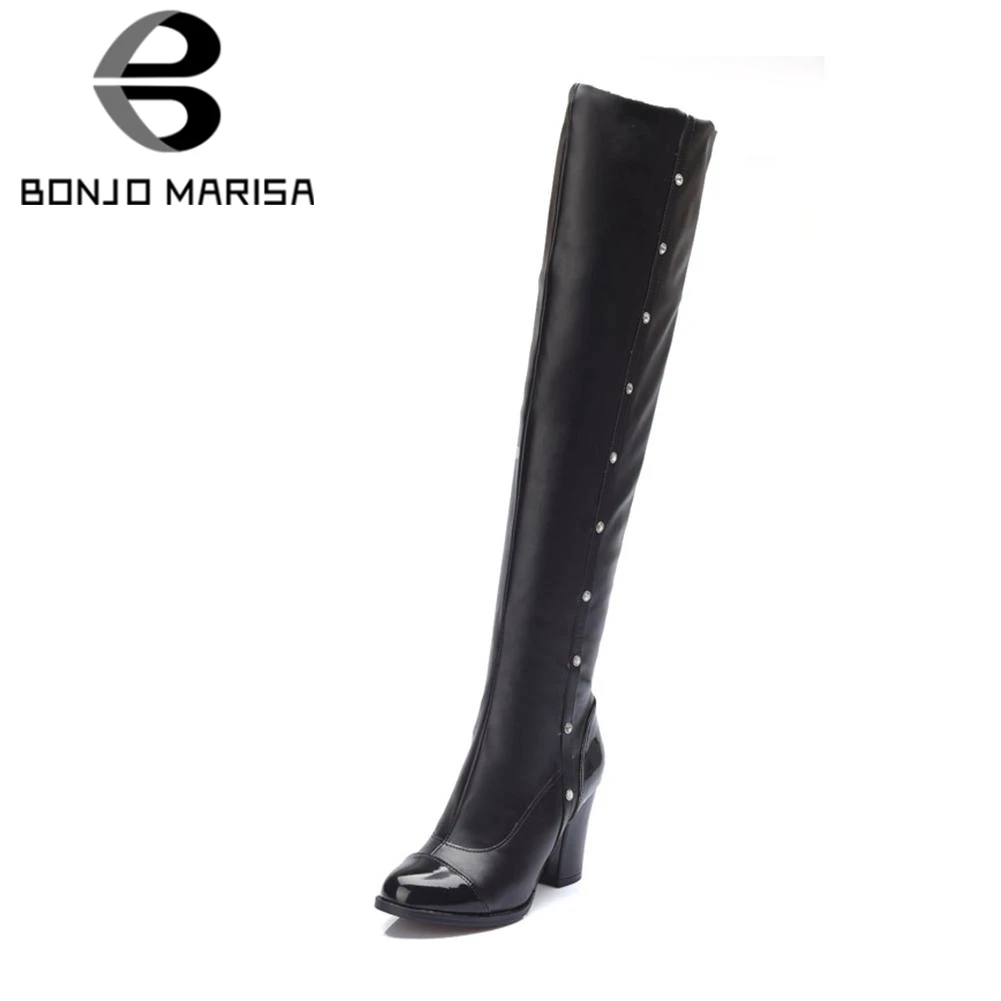 

BONJOMARISA 2018 Winter Plus Size 32-48 Patchwork Over The Knee Thigh High Boots Women Black Decorating High Heels Shoes Woman