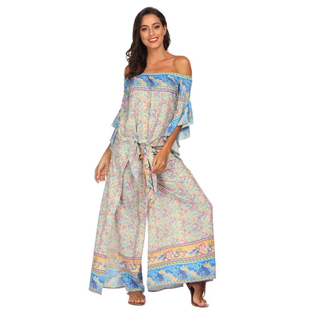 

2019 New Arrival Small Red Flower Printed Yoga Set One Shoulder Lace Up Crop Top Breathable Wide Leg Pants Beach Style Set