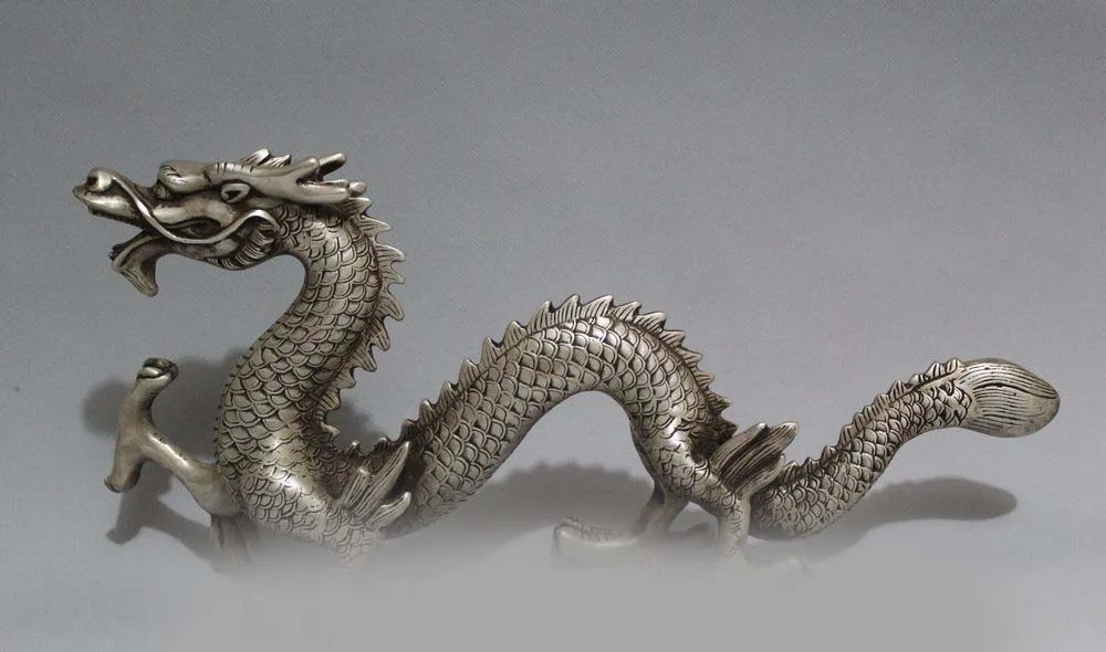 

China White Copper Silver Feng Shui Zodiac Mascot Water Dragon Statue Sculpture