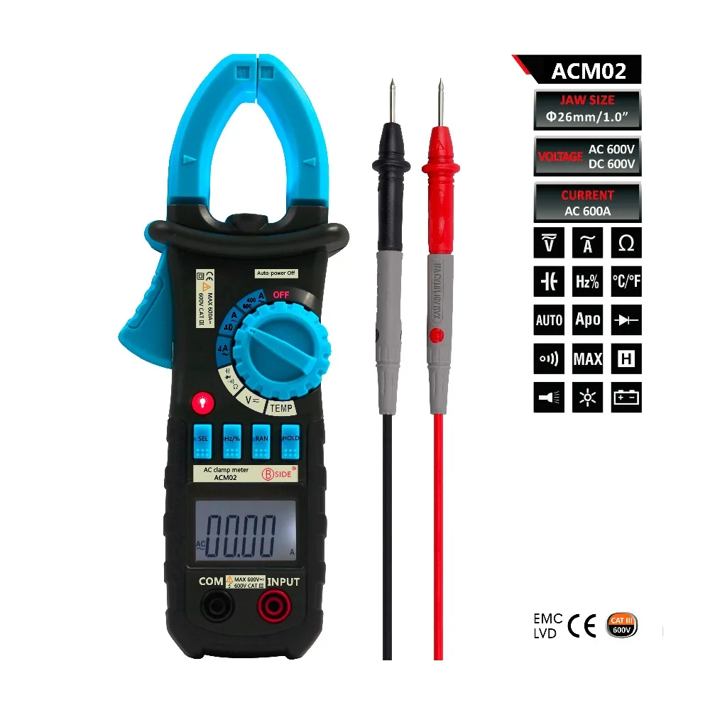 ACM02 600A Digital AC Clamp Meter Multimeter Temperature Frequency