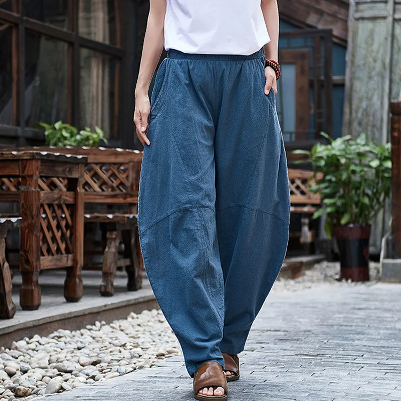 

Johnature Cotton Linen Pants For Women Vintage Trouser Elastic Waist 2019 Spring New Pockets Patchwork Women Casual Harem Pants