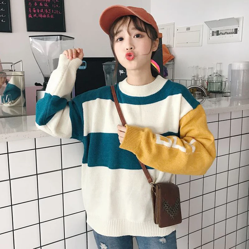 

Women's Clothing fashion brand Sweaters casual loose thick patchwork Autumn And Winter style o-neck full knitted ladies tops new