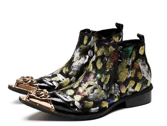 Модные Классические мужские туфли с острым носком натуральная кожа принт ботильоны с металлическим носком зимние сапоги