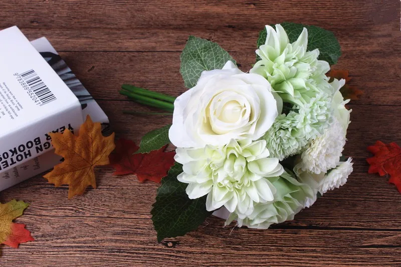 Silk flower wedding bouquet roses dahlias Artificial flowers fall vivid fake leaf wedding flower bridal