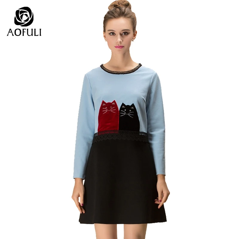 AOFULI L-Xxxl 4xl 5xl с рисунком плюс размер платье длинными рукавами котами лоскутное