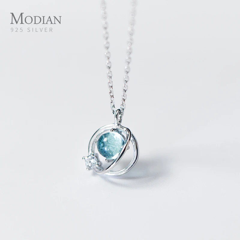 

Modian Exquisite Blue Opal Crystal Round Necklace Pendant 100% 925 Sterling Silver Jewelry For Women Party Short Colliers Chain