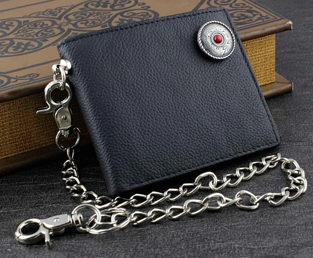 Mens Biker Rocker Genuine Leather Snap Button Long Wallet Purse W/Long Chain