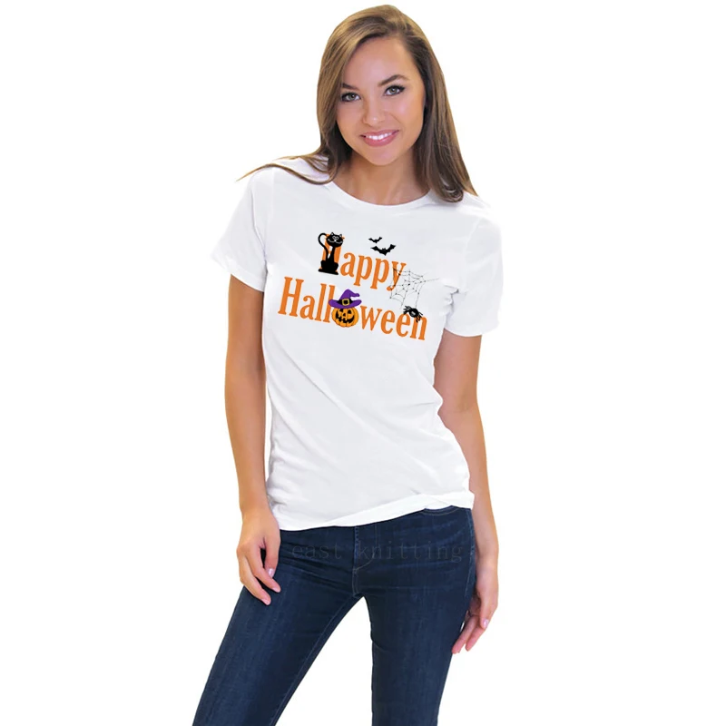 WT0582 Новый Для женщин Забавный принт короткий рукав Футболка Happy Halloween топы белого цвета