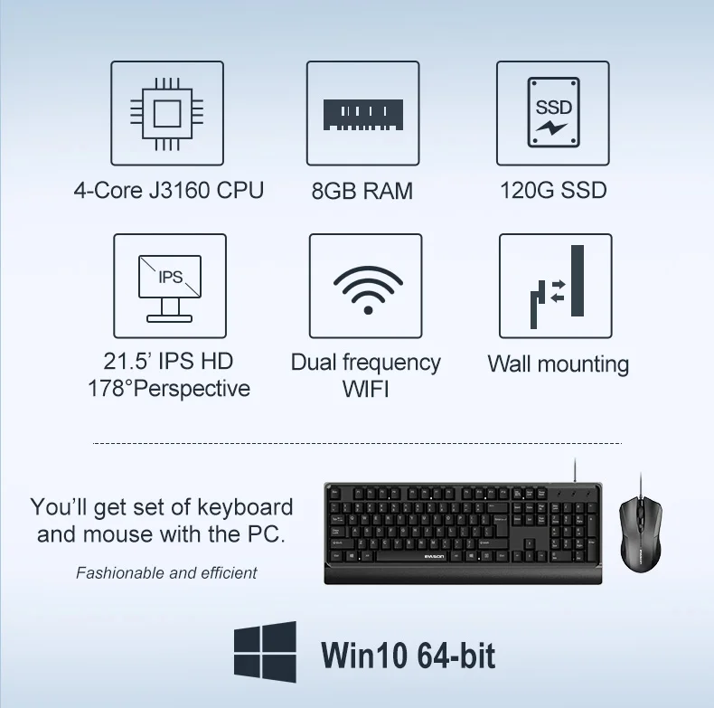 Rato de Negócios e Teclado Ipason Polegadas Escritório Desktop Tudo-em-um pc - Intel 4-core J3160 8g Ram 120g Ssd Wifi Ultra-fino P22 21.5 3 pc intel 4-core j3160 8g ram 120g