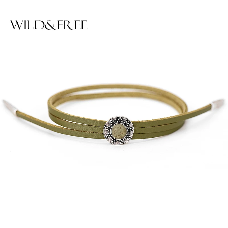 

Women Vintage 5 Colors Double Layer Leather Bracelets Antique Silver Metal Simple Boho Stone Bead Bangles for Women Jewelry