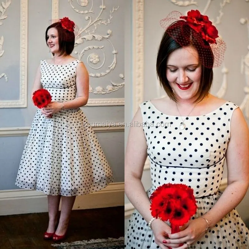 Onw783 Chiffon Tea Length 50s Vintage Polka Dot Dresses For