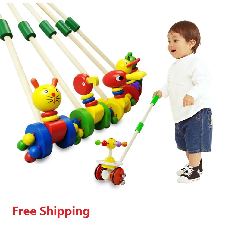 Free Shipping Baby Wooden Hand Frog Push And Pull Animal Toddler Toys Walker Children Kids Toy