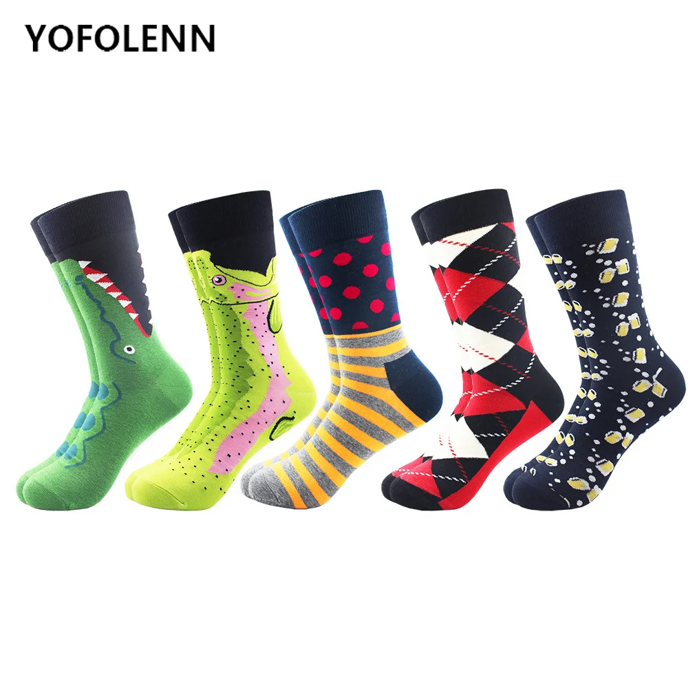 

5 Pairs/Lot Novelty Pattern Crocodile Dot Stripe Pattern Long Cotton Man Sock High Quality Happy Colored Socks Skateboard Socks