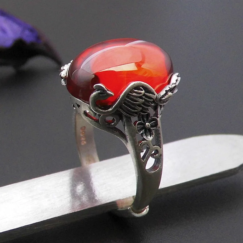 

Synthetic Garnet Ring 925 Sterling Silver anillos Adjustable Vintage Peacock S925 Thai Silver Rings for Men Jewelry
