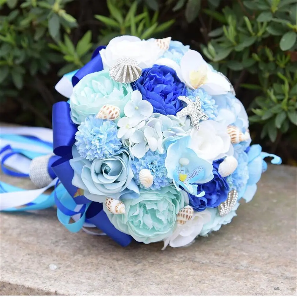 Романтические свадебные букеты для невесты, пляжные ракушки синие искусственные цветы для свадьбы брошь свадебные букеты, ручная работа Холдинг Flowe