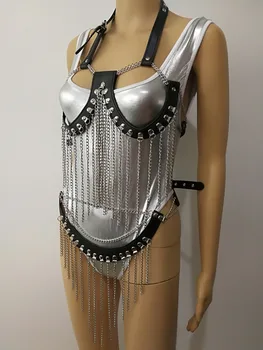 

New Fashion Leather Style WRB939 Leather Harness Bondage Beach Bra Chain Collar Goth Choker Necklace Jewelry Accessories