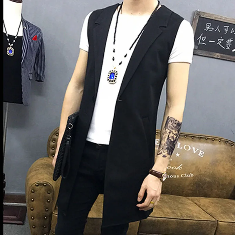 Мужская длинная жилетка черная тонкая без рукавов на одной кнопке M 5XL|long vest men|fashion