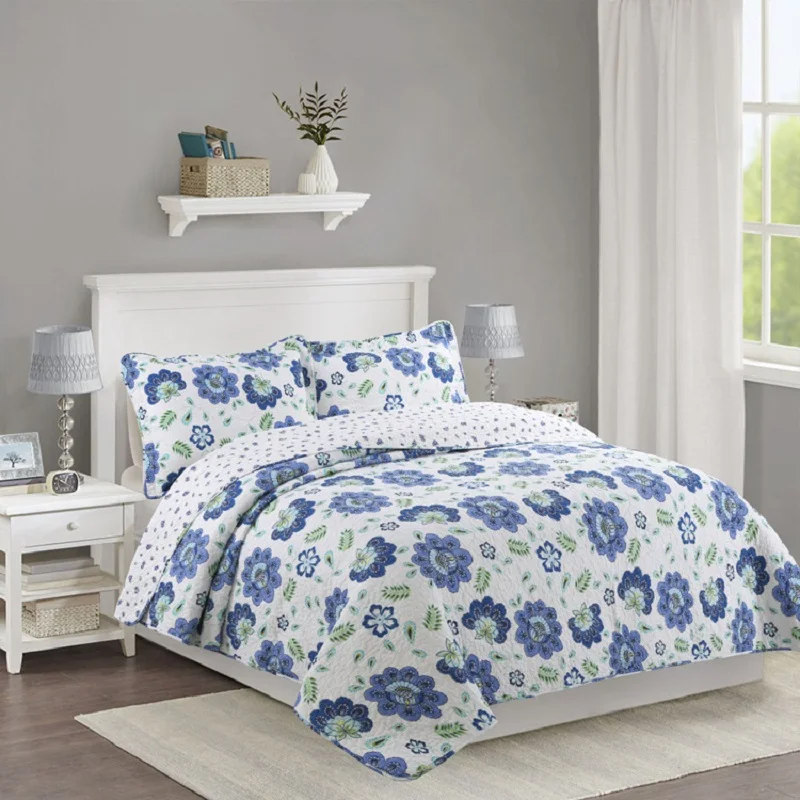 

CHAUSUB Washed Cotton Summer Quilt Set 3PCS Blue Flowers Quilts quilted BedSpread Bed Covers Bedding King Size Coverlet Blanket