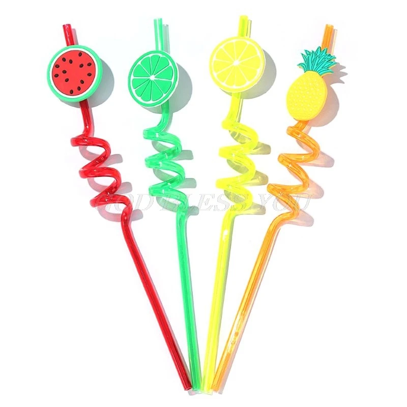 

Cartoon Lime Lemon Pineapple Watermelon Plastic Spiral Drinking Straws Children Use Birthday Party Bar Club Juice Wine Cup Decor