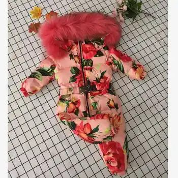 Childrens Down Jacket Winter Hooded Snow Wear Thicker Warm Outerwear Real Fur Collar Modis Print Kids Clothes Down Jacket Y1711