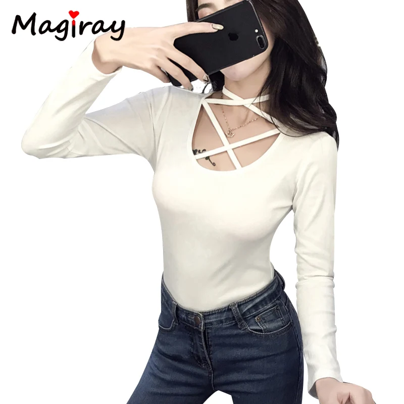 Magiray, летняя женская футболка с длинным рукавом, с u-образным вырезом, на шнуровке, с завязками, облегающая, женский сексуальный клубный Топ, Ulzzang Tee C155 - Цвет: white