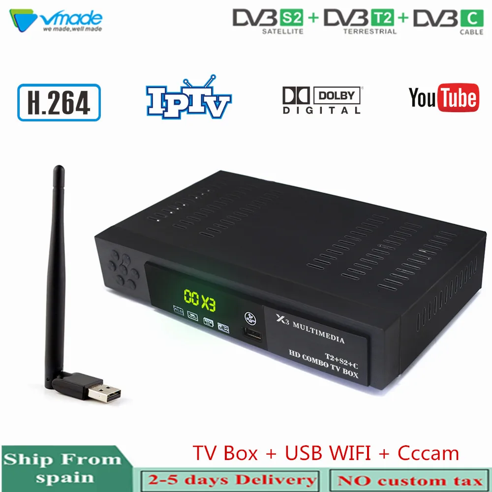 

Vmade HD Digital Terrestrial Satellite TV Receiver DVB-T2/S2 + DVB-C 3 In 1 Combo Set-Top Box Support AC3 IPTV With WIFI + Cccam