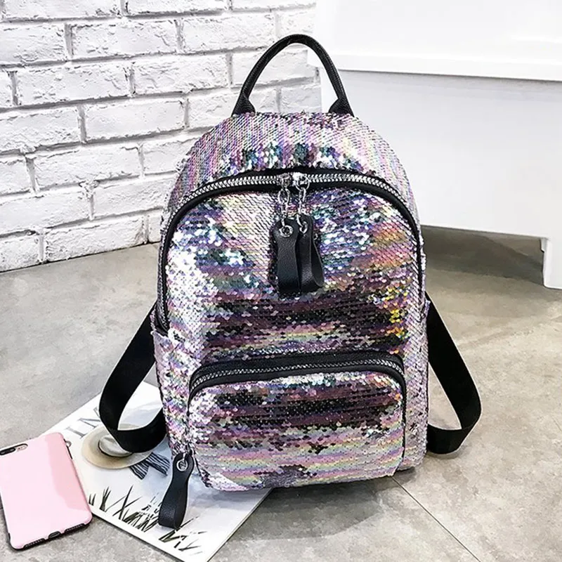

Sequined Backpack Large Capacity PU Zipper Bag for Women Travel Shopping LXX9