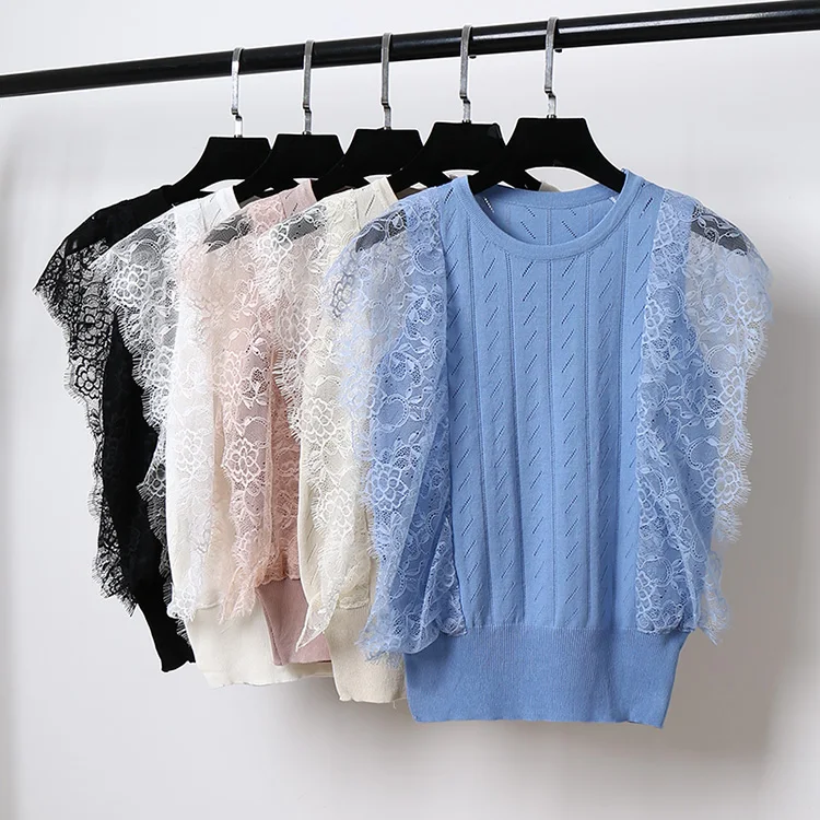 

2018 Spring Summer Women lace sleeve knitted t shirt Lady cotton tops
