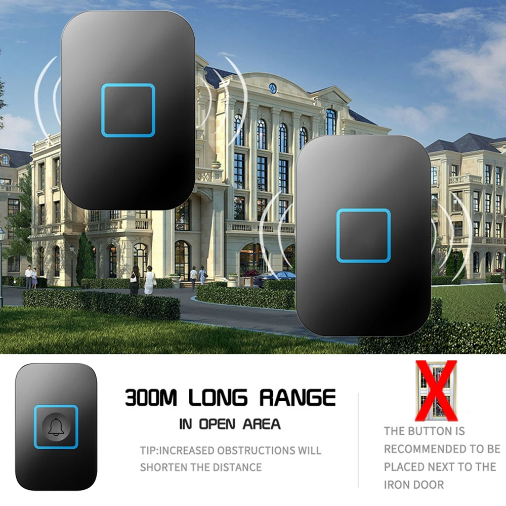 Smart Wireless Doorbell Waterproof 1 Button 4 Receiver 300M Remote US EU UK AU Plug Intelligent Home LED Light Door Bell Chime