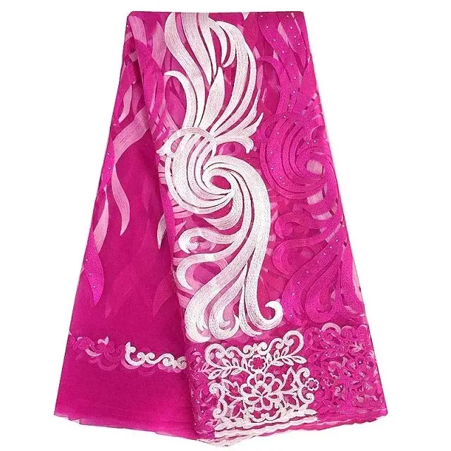 Африканская Кружевная Ткань 5 ярдов материал африканская сетчатая кружевная ткань высокого качества Золотая гипюровая ткань 51-52 дюйма нигерийские кружевные ткани - Цвет: Fushia pink White