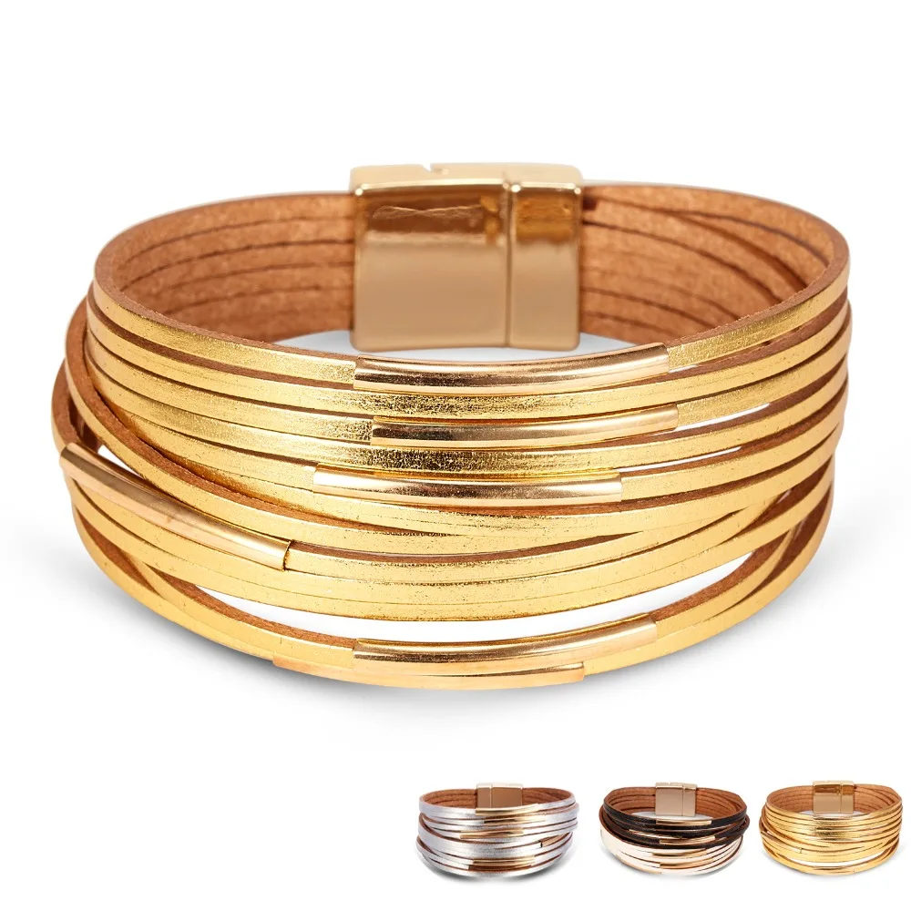 

New Design Gold Silver Leather Wrap Charm Bracelets Multi-layer Magnet Buckle Leather Bracelet & Bangle Party Fashion Jewelry