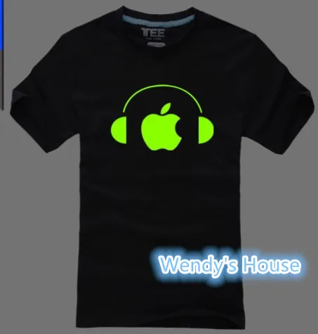An apple is listening to music T shirt Luminous fluorescent Light In The Dark shirts Men women summer cotton tees Free Shipping | Мужская