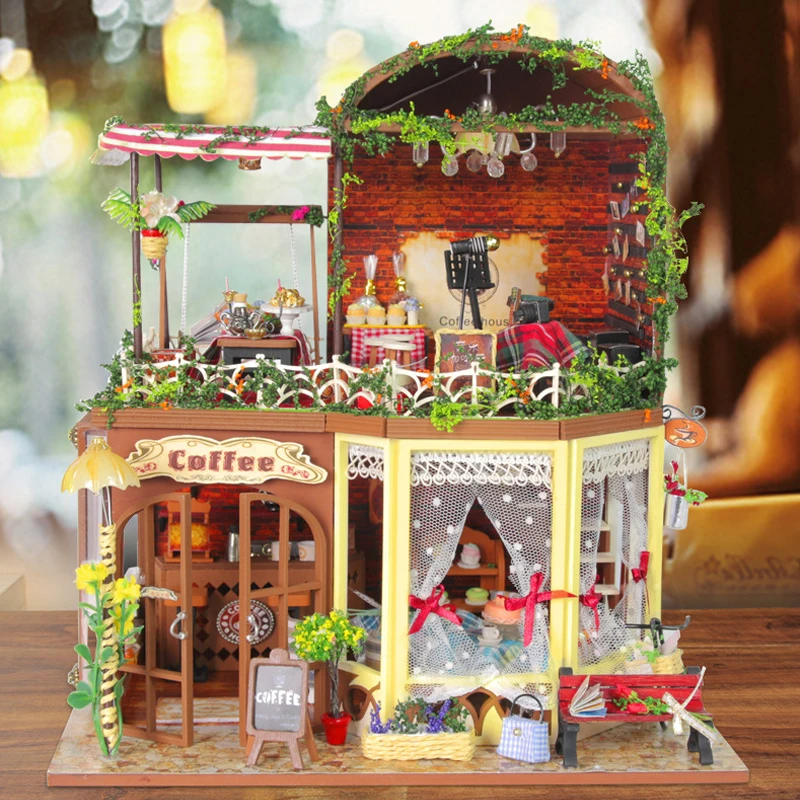 

DIY Doll House Wooden Dollhouse Miniatura With Furniture LED Light Handmade Toys For Kids Gift Coffee House D015 #E