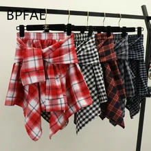 Новинка, Женская юбка в стиле Харадзюку, панк, эластичная, с завышенной талией, с необычным поясом, красная/черная/темно-синяя, в клетку, женская, винтажная, повседневная, в клетку, юбки