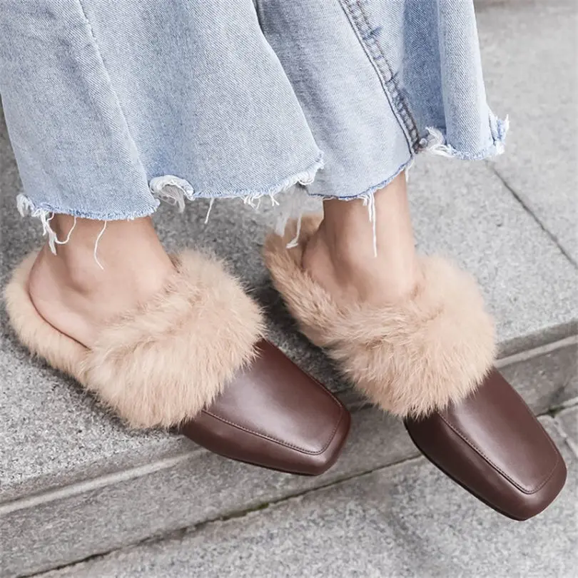 

NAYIDUYUN New Women Genuine Leather Low Heels Flip Flops Real Fur Winter Party Oxfords Shoes Casual Shoes Warm Punk Slippers