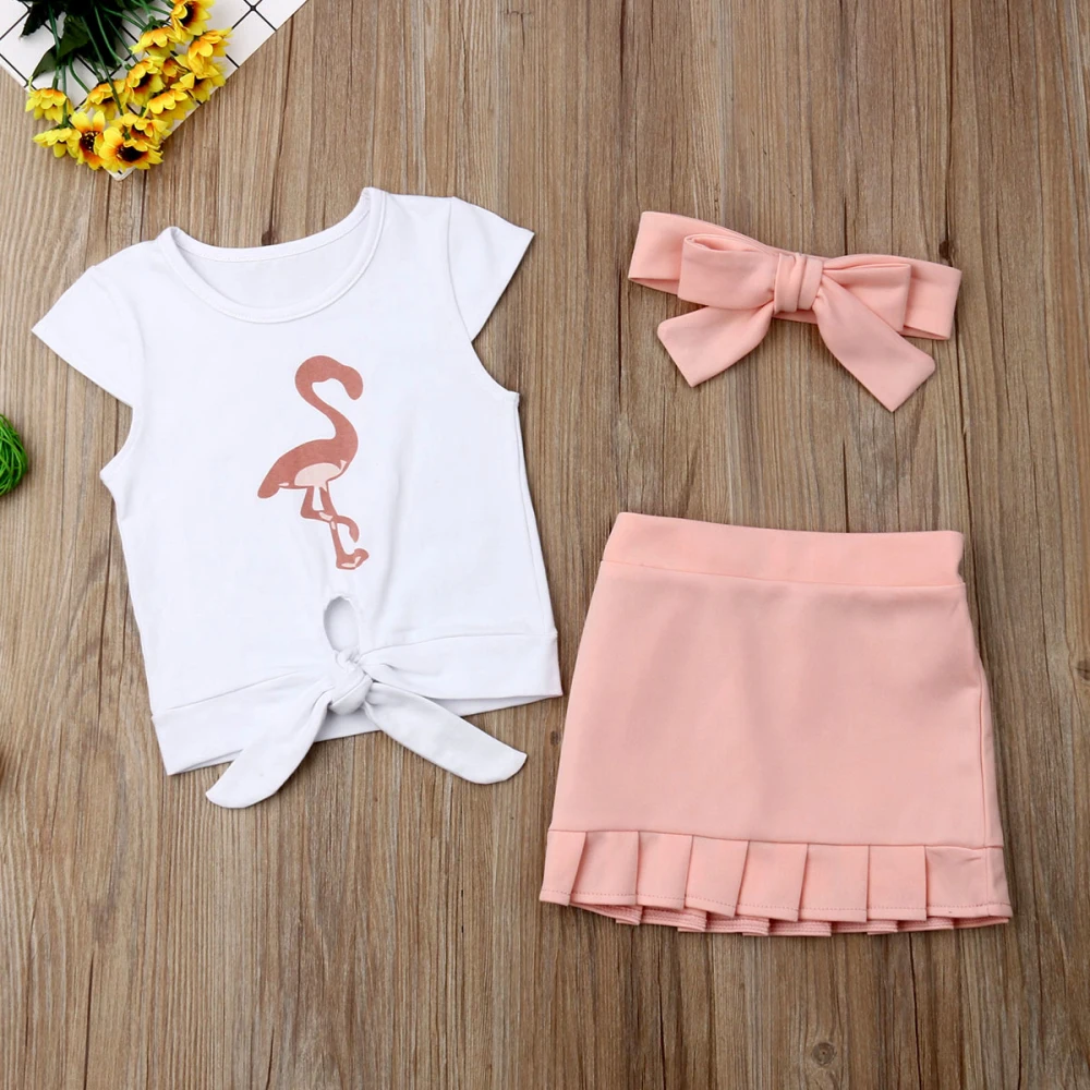 

Toddler Kids Baby Girls Flamingo Tops T-Shirt+Dress Skirt 3PCS Outfits Sunsuit