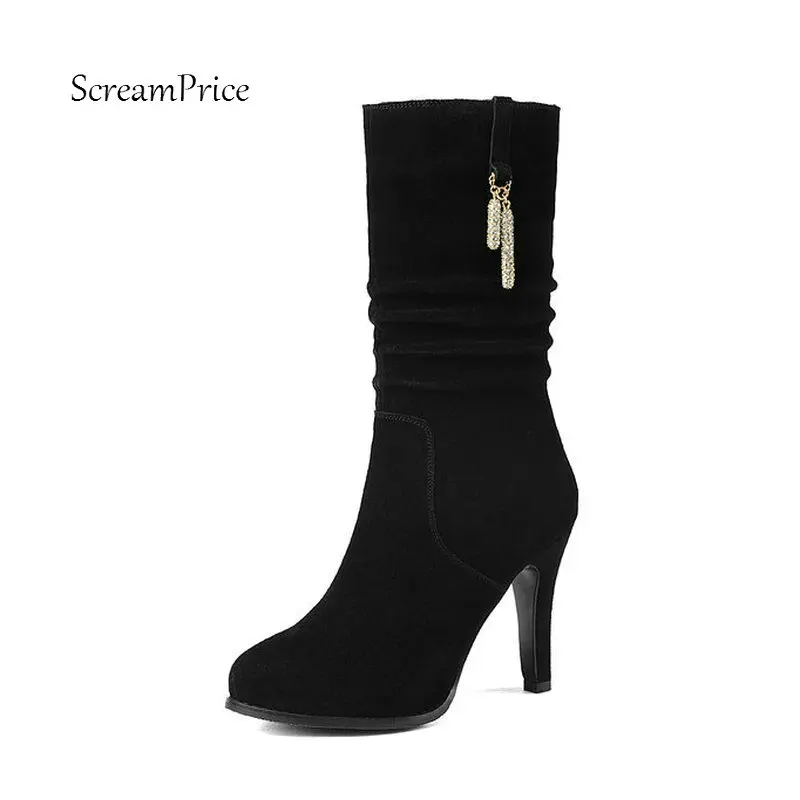 

Woman Winter Platform Thin High Heel Suede Mid Calf Boots Fashion Side Zipper Party Calf Boots Woman Black