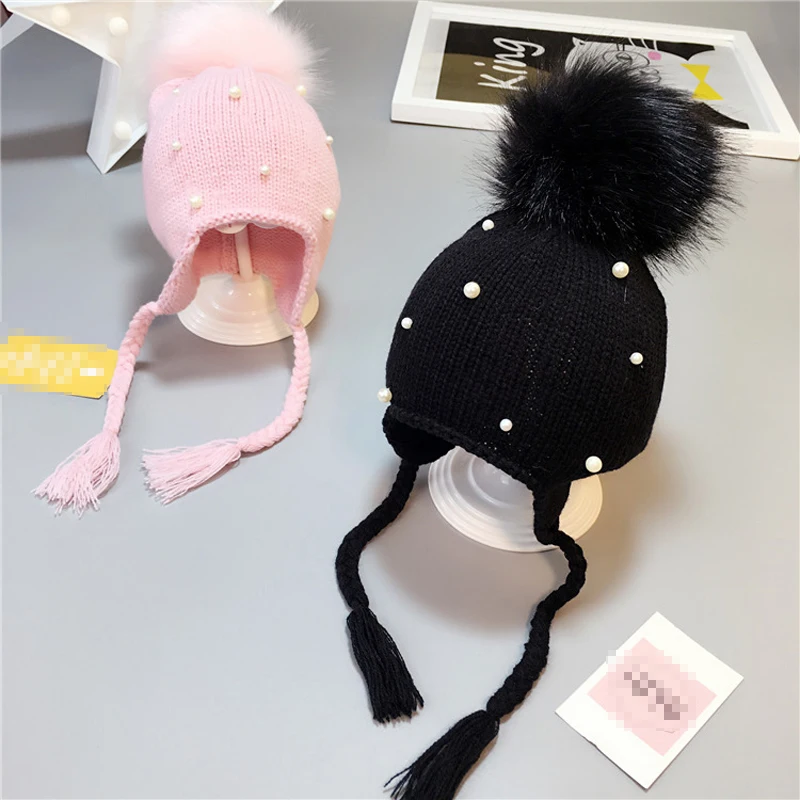 

2017 Baby Winter Hat Fur Pompom Caps bonnet enfant Toddler Boys Girls Knitted Cap Cotton Protect The Ears Hats Warm Kids Beanie