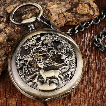 

Retro Cute Deer Pattern Mechanical Pocket Watch Double-sided Hollow Skeleton Hand Wind Anitque Necklace Chain For Gift