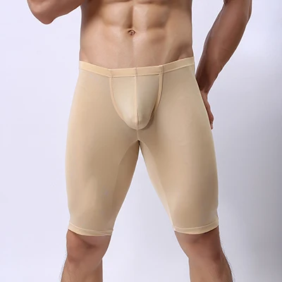 Новая модная брендовая мужская сексуальная тонкая прозрачная полиэстерная Пижама, шорты для геев, Мужской Прозрачный блестящий шелк, леггинсы для сна - Цвет: Бежевый