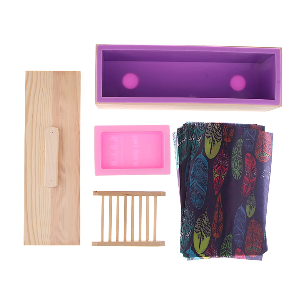 Soap Making Tool Sets –Double Hole Loaf Mold With Wooden Box, Bamboo Soap Holder, Oil Paper, Pink Soap Mold